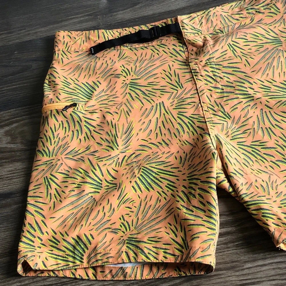 Prana Mens Rock Shock Swim Shorts Waist Belt Orange Pattern 34 6”